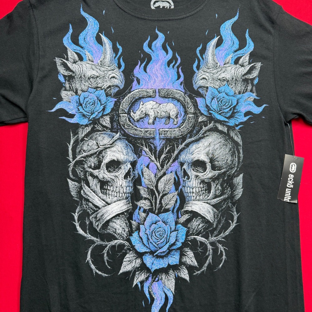 Ecko Unltd Mens Skull Rhino Blue Flame Rose Graphic T-Shirt Black Medium NEW